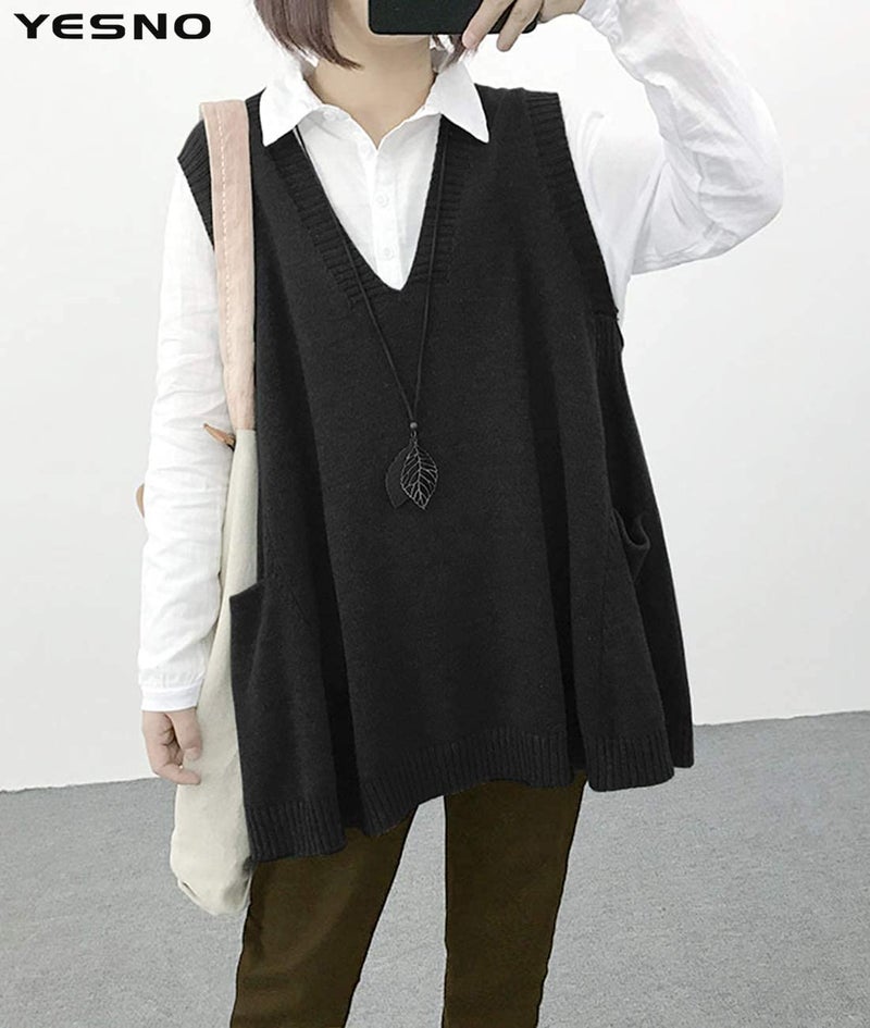 YESNO Sweater Vest Women Loose Swing Cotton Cute Oversized Knit Pullover Sleeveless Sweater Tops with Drop Pockets L WM9 Black - Image 3